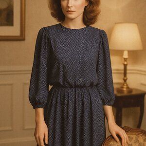 Vintage Jenny Petites Navy Blue Floral Midi Dress | Made in USA | Size 16 🇺🇸